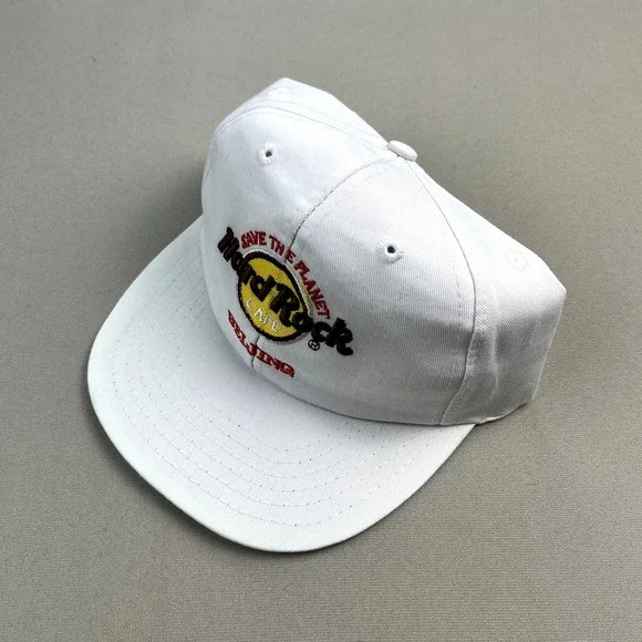 Vintage Hard Rock Cafe Hat Cap Snapback White Adjustable Logo Beijing China  90s